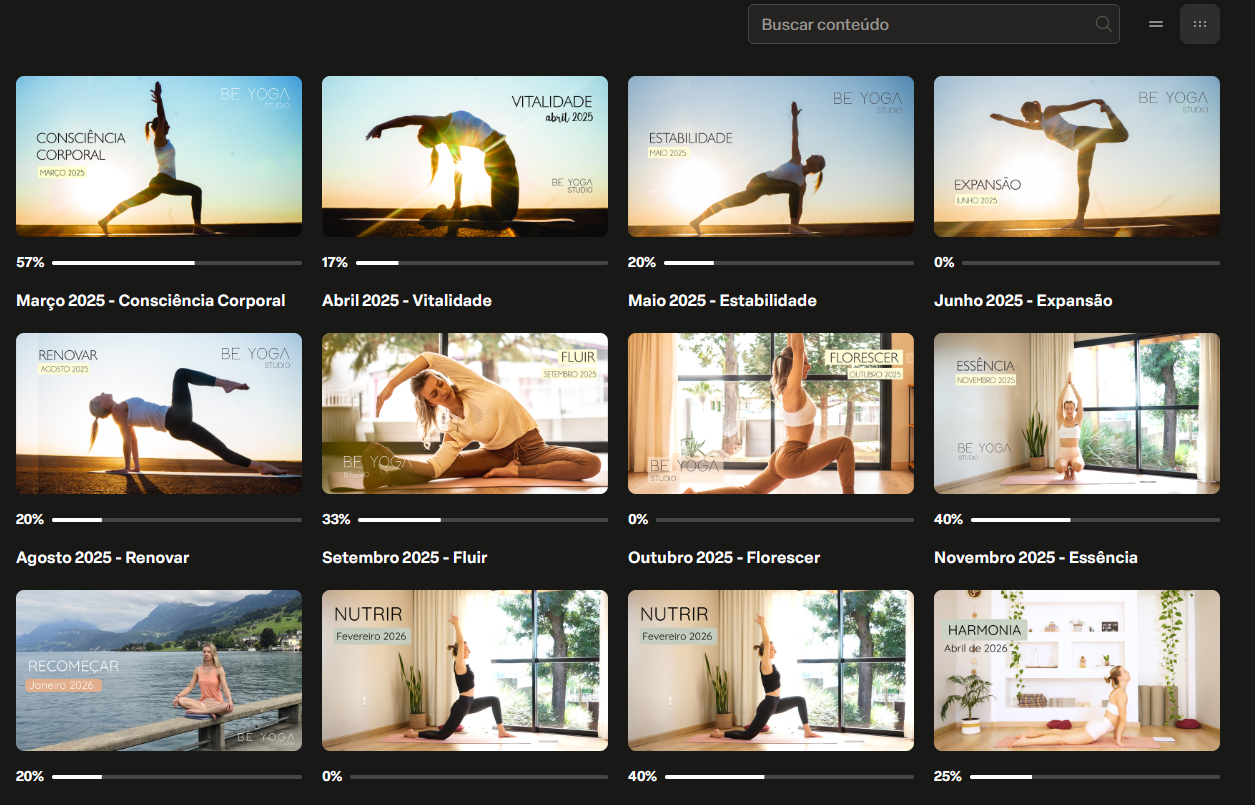 Módulos mensais do Be Yoga Studio, incluindo Consciência Corporal, Vitalidade e Fluir